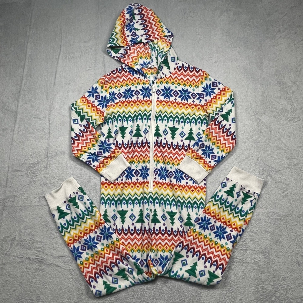 Old Navy One Piece Pajamas Unisex Kids M 8 White Rainbow Fair Isle Holiday Zip